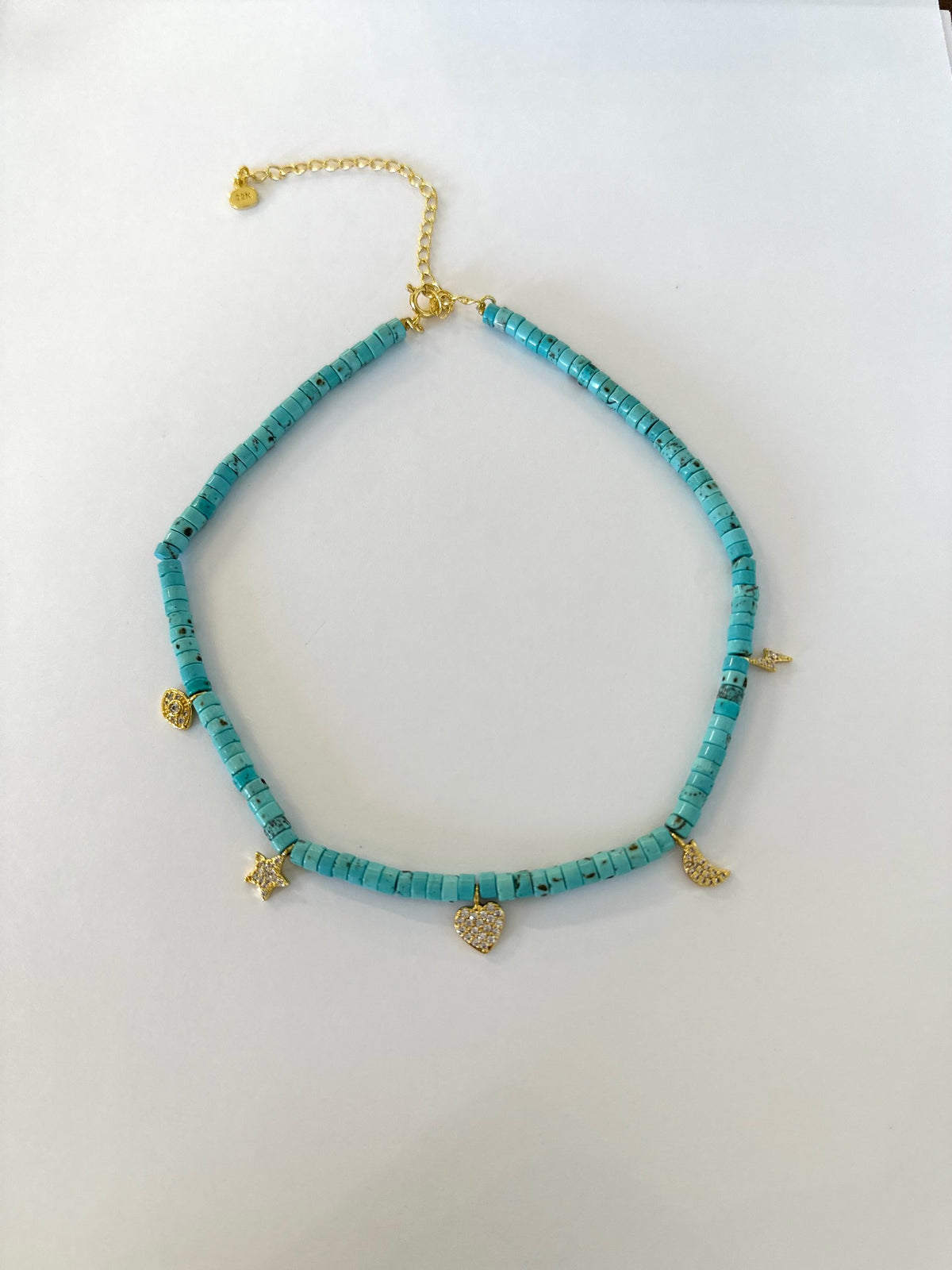 Blue Bead Necklace with Charms