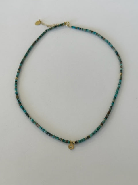 Turquoise Beaded Necklace with Evil Eye Charm